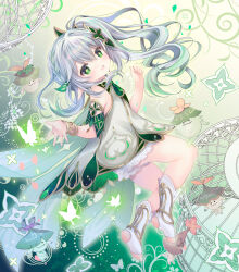 Rule 34 | 1girl, :d, bare shoulders, birdcage, cage, commentary request, dress, full body, genshin impact, gradient hair, green eyes, green hair, grey hair, hair ornament, hand up, long hair, looking at viewer, looking to the side, multicolored hair, nahida (genshin impact), no shoes, open mouth, pointy ears, shirogane hina, short shorts, shorts, side ponytail, sleeveless, sleeveless dress, smile, socks, soles, stirrup legwear, toeless legwear, very long hair, white dress, white shorts, white socks