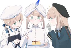 Rule 34 | 1boy, 1girl, 1other, :&lt;, ahoge, apron, baker nemo (fate), beret, black apron, blush, brown hair, captain nemo (fate), collared shirt, colored tips, eating, fate/grand order, fate (series), feathers, food, green eyes, hat, highres, holding, holding paper, holding plate, holding spoon, jacket, long hair, multicolored hair, nemo (fate), paper, paper stack, plate, professor nemo (fate), pudding, sailor collar, seal 007, shirt, shoulder boards, sidelocks, simple background, sleeves past fingers, sleeves past wrists, sparkling aura, spoon, turban, twintails, upper body, white background, white jacket, white shirt