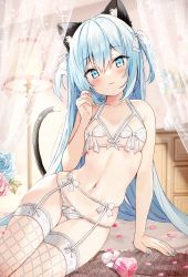 Rule 34 | 1girl, absurdres, animal ear fluff, animal ears, bare arms, bare shoulders, blue eyes, blue hair, blue nails, blush, bow, bow bra, bow panties, bra, breasts, cat ears, cat girl, cat tail, closed mouth, collarbone, commentary request, fishnets, garter belt, hair between eyes, hand up, head tilt, highres, long hair, looking at viewer, nail polish, navel, original, panties, saeki sora, small breasts, smile, solo, tail, thighhighs, two side up, underwear, underwear only, very long hair, white bra, white panties