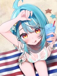Rule 34 | 1girl, aoi migo, beach, bikini, bikini under clothes, blue bikini, blue hair, breasts, cup, from above, hair ornament, hand on own head, highres, holding, holding cup, looking at viewer, looking up, medium breasts, multicolored eyes, multicolored hair, official alternate costume, orange eyes, red eyes, see-through, see-through shirt, shiranami ramune, shiranami ramune (summer c102), shirt, sitting, smile, solo, streaked hair, swimsuit, tongue, tongue out, virtual youtuber, vspo!, wet, wet clothes, white hair, white shirt