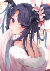 Rule 34 | 1girl, bare shoulders, black hair, blue archive, blush, brown background, closed mouth, commentary request, flower, fur-trimmed kimono, fur trim, fuuka (blue archive), fuuka (new year) (blue archive), gradient background, hair bun, hair flower, hair ornament, hand up, highres, hinata yuu (atelierhinata), horns, japanese clothes, kimono, long hair, long sleeves, looking at viewer, looking back, off shoulder, pink flower, pink kimono, sleeves past fingers, sleeves past wrists, solo, upper body, white background, wide sleeves