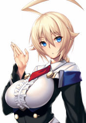 Rule 34 | 1girl, :o, ahoge, blazblue, blonde hair, blue eyes, braid, breasts, center frills, collarbone, collared shirt, commentary request, dress, es (xblaze), frills, hair between eyes, hand up, highres, huge ahoge, large breasts, long hair, long sleeves, looking at viewer, necktie, red necktie, shirt, single braid, solo, takanashi-a, underbust, white shirt, xblaze