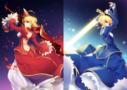 Rule 34 | 10s, 2girls, aestus estus, ahoge, artoria pendragon (all), artoria pendragon (fate), backless dress, backless outfit, blonde hair, breasts, cleavage cutout, clothing cutout, dress, epaulettes, excalibur (fate/stay night), fate/extra, fate/stay night, fate (series), frilled sleeves, frills, glowing, glowing sword, glowing weapon, green eyes, hair intakes, hair ribbon, juliet sleeves, light particles, long sleeves, medium breasts, multiple girls, nero claudius (fate), nero claudius (fate) (all), nero claudius (fate/extra), petals, puffy sleeves, ribbon, saber (fate), see-through, short hair, smile, split screen, sword, weapon, yeruen