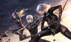 Rule 34 | 1boy, 2girls, arms up, black bodysuit, black hairband, blue eyes, bodysuit, boots, breasts, cleavage cutout, clothing cutout, fighting stance, gantz, gantz suit, gloves, hairband, headband, high heels, highres, holding, holding lance, holding polearm, holding sword, holding weapon, katana, lance, large breasts, latex, latex bodysuit, liang xing, lips, long hair, mole, mole under mouth, multiple girls, nier (series), nier:automata, no blindfold, open mouth, outdoors, polearm, profile, short hair, silver hair, skin tight, sword, thigh boots, thighhighs, weapon, 2b (nier:automata), 9s (nier:automata), a2 (nier:automata)