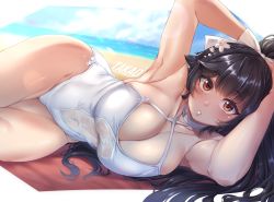 Rule 34 | 1girl, armpits, arms behind head, arms up, azur lane, black hair, bow, breasts, brown eyes, casual one-piece swimsuit, cleavage, clothing cutout, criss-cross halter, curvy, flower, hair bow, hair flaps, hair flower, hair ornament, hair ribbon, halterneck, large breasts, long hair, looking at viewer, lying, moisture (chichi), navel cutout, on side, one-piece swimsuit, parted lips, ponytail, ribbon, solo, swimsuit, takao (azur lane), takao (beach rhapsody) (azur lane), thighs, white bow, white ribbon, white one-piece swimsuit, wide hips