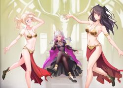 Rule 34 | 3girls, alternate costume, armor, bikini, bikini armor, black bikini, black hair, black skirt, blonde hair, bodystocking, boots, breasts, cape, cleavage, corruption, cosplay, covered navel, crossed legs, dark persona, fire emblem, fire emblem awakening, fire emblem heroes, grima (fire emblem), grima (fire emblem) (female), highres, intelligent systems, lissa (fire emblem), long hair, long skirt, medium breasts, medium hair, metal bikini, multiple girls, navel, nintendo, official alternate costume, pelvic curtain, possessed, possession, purple cape, robin (female) (fire emblem), robin (fire emblem), shiro font, sitting, skirt, slave leia (cosplay), small breasts, swimsuit, tharja (fire emblem), throne, twintails, white hair
