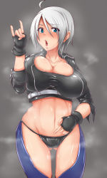Rule 34 | 1girl, \m/, \n/, angel (kof), bad id, bad pixiv id, breasts, fingerless gloves, gloves, large breasts, open mouth, short hair, sian, silver hair, simple background, smell, snk, solo, sweat, the king of fighters