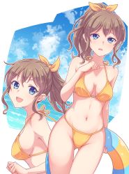 Rule 34 | 1girl, :d, bang dream!, bare shoulders, bikini, blue eyes, blue sky, blush, breasts, brown hair, cleavage, clenched hand, collarbone, commentary request, commission, cowboy shot, day, e20, gluteal fold, groin, hair between eyes, hair ribbon, halterneck, hand up, highres, holding, holding swim ring, innertube, long hair, looking at viewer, medium breasts, midriff, multiple views, navel, ocean, open mouth, outside border, pixiv commission, ponytail, ribbon, sidelocks, sky, smile, standing, string bikini, sweat, swim ring, swimsuit, teeth, thigh gap, upper body, upper teeth only, white background, yamabuki saya, yellow bikini, yellow ribbon