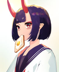 Rule 34 | 1girl, absurdres, blue sailor collar, blush, bob cut, bread, bread slice, breasts, contemporary, egg, egg (food), eyeliner, fate/grand order, fate (series), food, food in mouth, fried egg, fried egg on toast, highres, horns, long sleeves, looking at viewer, makeup, mouth hold, okoru ringo, oni, purple hair, red eyes, sailor collar, shirt, short eyebrows, short hair, shuten douji (fate), simple background, skin-covered horns, small breasts, toast, toast in mouth, white background, white shirt