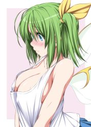 Rule 34 | 1girl, bare shoulders, blue eyes, blush, breasts, cleavage, collarbone, commentary, daiyousei, fairy wings, green hair, hair between eyes, hair ribbon, large breasts, nori tamago, nose blush, one side up, outside border, pink background, ribbon, shirt, shirt tug, short hair, shortstack, simple background, solo, tank top, touhou, upper body, white shirt, wings, yellow ribbon