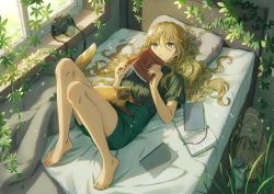 Rule 34 | 1girl, animal, backpack, bag, bare legs, barefoot, bed sheet, blanket, blouse, blue eyes, blush, book, breasts, brown bag, brown hair, camera, closed mouth, commentary request, feet, foliage, full body, grass, green shirt, green shorts, hair between eyes, hair spread out, highres, indoors, long hair, looking at viewer, lying, nekotama (artist), on back, on bed, open book, original, shirt, shirt tucked in, short sleeves, shorts, solo, window