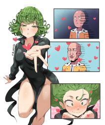 1boy 1girl bald black_dress blowing_kiss blush breasts capelet cleft_chin dress green_eyes green_hair heart jk_arts jumpsuit matching_hair/eyes nose_blush one-punch_man outstretched_arm saitama_(one-punch_man) small_breasts tatsumaki white_capelet yellow_jumpsuit zipper