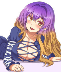 Rule 34 | 1girl, blush, breasts, cleavage, dress, female focus, gradient hair, hijiri byakuren, large breasts, long sleeves, lying, multicolored hair, on stomach, open mouth, solo, tongue, touhou, two-tone hair, white background, yellow eyes