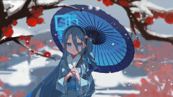 Rule 34 | 1girl, absurdly long hair, absurdres, aris (blue archive), black hair, blue archive, blue eyes, blue halo, blush, closed mouth, halo, highres, holding, holding umbrella, iinagi (kashiwa keira), long hair, looking at viewer, oil-paper umbrella, one side up, smile, solo, umbrella, very long hair