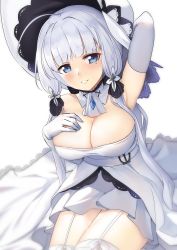 Rule 34 | 1girl, ahoge, anchor, arm up, azur lane, blue eyes, breasts, bridal gauntlets, cleavage, dress, elbow gloves, garter straps, gloves, hand on own chest, hat, highres, illustrious (azur lane), jun project, large breasts, looking at viewer, mole, mole under eye, parted lips, smile, solo, thighhighs, twintails, white dress, white hair, white hat, white thighhighs