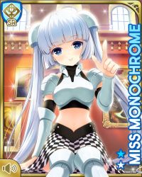Rule 34 | 1girl, armor, black shirt, blue eyes, blunt bangs, brown background, card, character name, checker pattern, chestplate, closed mouth, day, frontal view, girlfriend (kari), indoors, miss monochrome, miss monochrome (character), official art, pointing, pointing at viewer, qp:flapper, shirt, sitting, skirt, smile, solo, tagme, thighhighs, twintails, white footwear, white hair