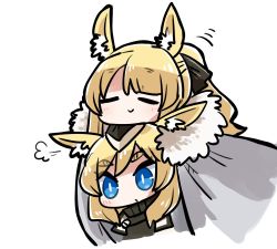 Rule 34 | animal ear fluff, animal ears, arknights, black headwear, black jacket, blemishine (arknights), blonde hair, blue eyes, blush, chibi, closed eyes, closed mouth, commentary request, cropped torso, dog-san, garrison cap, grey cloak, hat, horse ears, jacket, mini hat, ponytail, short eyebrows, simple background, smile, thick eyebrows, upper body, whislash (arknights), white background