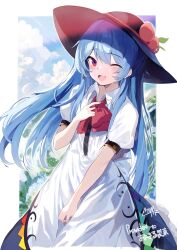 Rule 34 | 1girl, ;d, absurdres, black headwear, blue skirt, blue sky, bow, bowtie, cloud, commentary request, dress, food, fruit, highres, hinanawi tenshi, leaf, long hair, looking at viewer, one eye closed, open mouth, outdoors, peach, red bow, red bowtie, red eyes, short sleeves, signature, skirt, sky, smile, solo, tetsurou (fe+), touhou, white dress
