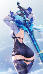 Rule 34 | 1girl, ass, blue background, blue hair, breasts, cape, eula (genshin impact), from behind, genshin impact, gloves, greatsword, highres, leotard, long hair, negimaki, shiny clothes, shiny skin, sideboob, snowflakes, solo, sword, thigh strap, thighhighs, thighs, weapon