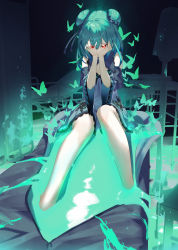 Rule 34 | 1girl, absurdres, aqua hair, bare legs, bare shoulders, blue dress, body bag, bug, butterfly, cleavage cutout, clothing cutout, commentary request, detached sleeves, double bun, dress, flat chest, glowing, glowing eyes, hair bun, hair ornament, hair ribbon, hair scrunchie, hands on own face, highres, hololive, insect, long sleeves, medium hair, pale skin, red eyes, ribbon, scottie (phantom2), scrunchie, sidelocks, sitting, skull hair ornament, slime (substance), solo, uruha rushia, uruha rushia (1st costume), virtual youtuber, wide sleeves