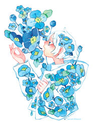 Rule 34 | 1boy, :o, androgynous, arm up, artist name, blue eyes, blue flower, blue theme, bud, colored eyelashes, commentary, cropped torso, english commentary, eyelashes, flower, from side, hair flower, hair ornament, half-closed eyes, hand up, hood, hood down, limited palette, long sleeves, looking ahead, male focus, maruti bitamin, music, open mouth, original, painting (medium), profile, short hair, signature, simple background, singing, sleeves past wrists, solo, surreal, thick eyebrows, traditional media, upper body, watercolor (medium), white background, white hair
