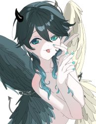 Rule 34 | 1boy, aqua nails, asymmetrical wings, bad id, bad twitter id, black hair, black wings, commentary, demon horns, feathered wings, genshin impact, gradient hair, green eyes, hair down, highres, horns, male focus, moai on, multicolored hair, nail polish, nude, short hair with long locks, solo, symbol-only commentary, tongue, venti (genshin impact), white wings, wings