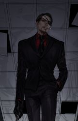 Rule 34 | 1boy, black gloves, black hair, black neckwear, black pants, black suit, ceiling, cigarette, dagger, eyebrows, eyepatch, facial hair, formal, gloves, goatee, hand in pocket, holding, holding dagger, holding knife, holding weapon, jiao mao, knife, looking at viewer, majima goro, necktie, pants, red shirt, ryuu ga gotoku (series), ryuu ga gotoku 4, shirt, short hair, suit, unfinished, weapon