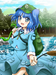 Rule 34 | 1girl, backpack, bad id, bad pixiv id, bag, blue hair, blue sky, cattail, cloud, day, fingernails, foreshortening, forest, glint, grey eyes, hair bobbles, hair ornament, hat, kawashiro nitori, key, long sleeves, looking at viewer, nature, open mouth, outdoors, plant, rock, seaweed, short hair, skirt, skirt set, sky, solo, tonakai (bunsuka), touhou, twintails, two side up, water