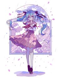 Rule 34 | 1girl, absurdres, bare legs, black footwear, black ribbon, black sailor collar, black skirt, blue eyes, blue hair, blush, cherry blossoms, closed mouth, dot mouth, falling petals, floating clothes, floating hair, full body, futaba969649, hair between eyes, hair ribbon, hatsune miku, highres, holding, holding umbrella, loafers, long hair, long sleeves, looking at viewer, neckerchief, petals, pleated skirt, puddle, rain, red neckerchief, ribbon, sailor collar, sakura no ame (vocaloid), school uniform, serafuku, shirt, shoes, skirt, sleeve cuffs, solo, transparent, transparent umbrella, twintails, umbrella, very long hair, vocaloid, walking, white shirt, window