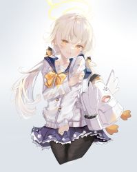 Rule 34 | 1girl, bag, black thighhighs, blonde hair, blue archive, blue sailor collar, blue skirt, blush, buttons, cardigan, emblem, hair ribbon, halo, hifumi (blue archive), highres, holding, holding own arm, huuuuu (ddakji79), long hair, long sleeves, looking at viewer, low twintails, magazine (weapon), open mouth, peroro (blue archive), ribbon, sailor collar, school uniform, serafuku, simple background, skirt, skit, sleeves past wrists, smile, solo, stuffed animal, stuffed toy, thighhighs, twintails, white background, white bag, white cardigan, yellow eyes, yellow ribbon