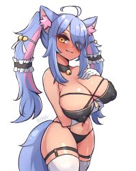 Rule 34 | 1girl, :3, ahoge, animal ears, bebatch, blue hair, blush, breasts, covered erect nipples, dark-skinned female, dark skin, eyes visible through hair, hand on own chest, highres, huge breasts, long hair, looking at viewer, navel, rosie (vtuber), smile, tail, thighhighs, translucent hair, twintails, virtual youtuber, white thighhighs, yellow eyes