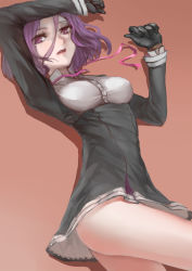 Rule 34 | 10s, 1girl, breasts, charimei, gloves, highres, kantai collection, purple eyes, purple hair, red background, short hair, simple background, solo, tatsuta (kancolle), thighs