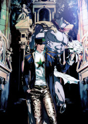 Rule 34 | 2boys, architecture, armor, black hair, blue eyes, brown pants, chain, collar chain (jewelry), colored skin, commentary, cowboy shot, earrings, flower, hat, holding, holding flower, jewelry, jojo no kimyou na bouken, kuujou joutarou, lips, long coat, looking at object, male focus, multiple boys, muscular, muscular male, pants, pauldrons, purple skin, scarf, shirt, shoulder armor, snake print, stand (jojo), star (symbol), star platinum, star print, stone ocean, tuna1812, white flower, white shirt