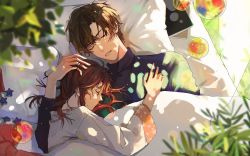 Rule 34 | 1boy, 1girl, artem wing (tears of themis), bed, bed sheet, black hair, black shirt, book, brown hair, highres, long hair, mi zhang, open mouth, pajamas, pillow, ponytail, rosa (tears of themis), shirt, sleeping, tears of themis, teeth, white shirt