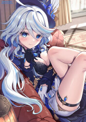 Rule 34 | 1girl, alternate breast size, blue eyes, blue hair, blue hat, breasts, cleavage, drop-shaped pupils, furina (genshin impact), genshin impact, hat, highres, light blue hair, long hair, looking at viewer, medium breasts, ponnyu12, sitting, smile, solo, symbol-shaped pupils