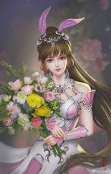 Rule 34 | 1girl, animal ears, bouquet, brown hair, collar, douluo dalu, dress, floral background, flower, hair ornament, highres, holding, holding bouquet, long hair, looking at viewer, metal collar, pink dress, ponytail, purple eyes, rabbit ears, shuise hua qing, smile, solo, upper body, xiao wu (douluo dalu)