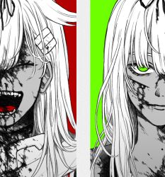 Rule 34 | 2girls, absurdres, blood, blood on clothes, blood on face, closed eyes, closed mouth, cuts, dual persona, fangs, green eyes, hair between eyes, hair flaps, hair ornament, hair ribbon, hairclip, highres, injury, kantai collection, long hair, looking at viewer, multiple girls, open mouth, portrait, ribbon, scarf, sumoffu, torn clothes, yuudachi (kancolle), yuudachi kai ni (kancolle)