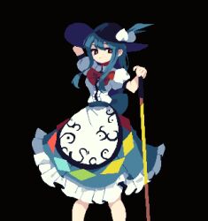 Rule 34 | 1girl, 4qw5, arm behind head, black background, black headwear, blue hair, blue skirt, bow, bowtie, bright pupils, center frills, closed mouth, feet out of frame, food, frilled skirt, frills, fruit, hinanawi tenshi, holding, holding sword, holding weapon, leaf, long hair, looking at viewer, peach, pixel art, rainbow order, red bow, red bowtie, red eyes, short sleeves, simple background, skirt, solo, sword, sword of hisou, touhou, weapon, white pupils