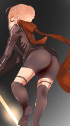 1girl absurdres ahoge artoria_pendragon_(fate) ass bike_shorts black_jacket black_thighhighs blonde_hair fate_(series) from_behind from_below glasses hair_bun highres jacket looking_at_viewer mysterious_heroine_x_alter_(fate) scarf shizui short_hair single_hair_bun solo thighhighs yellow_eyes