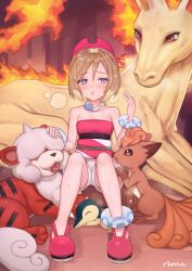 Rule 34 | 1girl, absurdres, artist name, bare shoulders, blue eyes, blush, breasts, brown hair, collarbone, creatures (company), cyndaquil, fanning face, fire, game freak, gen 1 pokemon, gen 2 pokemon, hairband, highres, horse, irida (pokemon), jewelry, neck ring, nintendo, norza, pokemon, pokemon (creature), pokemon legends: arceus, rapidash, red eyes, red footwear, red hairband, shirt, short hair, shorts, sitting, small breasts, strapless, strapless shirt, sweat, tongue, tongue out, vulpix, white shorts