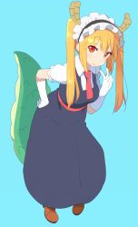 Rule 34 | 10s, 1girl, blonde hair, dragon girl, dragon tail, full body, gloves, hand on own hip, highres, horns, kasa list, kobayashi-san chi no maidragon, large tail, leaning forward, long hair, looking at viewer, maid, maid headdress, red eyes, slit pupils, solo, tail, tohru (maidragon), twintails, v, white gloves