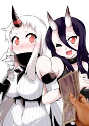 Rule 34 | 10s, 2girls, :3, abyssal ship, bare shoulders, battleship princess, black dress, black hair, blush, breasts, commentary request, detached sleeves, dress, fang, horns, kantai collection, large breasts, long hair, money, multiple girls, nose blush, one eye closed, red eyes, seaport princess, single horn, skin-covered horns, sleeveless, sleeveless dress, white hair, yamato nadeshiko
