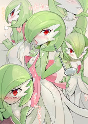Rule 34 | 1girl, apron, ass, blush, breasts, character sheet, cleavage, creatures (company), from behind, game freak, gardevoir, gen 3 pokemon, green hair, hair over one eye, head out of frame, heart, licking, looking at viewer, medium breasts, naughty face, nintendo, no humans, one eye closed, open mouth, personification, pokemon, pokemon (creature), red eyes, sexually suggestive, short hair, solo, suggestive fluid, tongue, walzrj