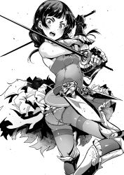 Rule 34 | 1girl, armor, armored boots, ass, bad id, bad pixiv id, bare shoulders, blunt bangs, blush, boots, dual wielding, etrian odyssey, fencer (sekaiju), gauntlets, greyscale, highres, holding, looking at viewer, looking back, monochrome, open mouth, panties, panties under pantyhose, pantyhose, rapier, shiun sanchou, skirt, solo, sword, thighband pantyhose, torn clothes, underwear, weapon