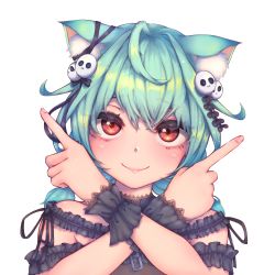 Rule 34 | 1girl, absurdres, ahoge, animal ear fluff, animal ears, bare shoulders, black choker, black dress, black ribbon, blush, cat ears, choker, closed mouth, dress, ear piercing, flat chest, frilled dress, frills, green hair, hair ornament, hair ribbon, highres, hololive, lace, lace choker, lix e333, looking at viewer, low twintails, medium hair, off-shoulder dress, off shoulder, piercing, red eyes, ribbon, short twintails, simple background, skull hair ornament, smile, solo, twintails, uruha rushia, uruha rushia (3rd costume), virtual youtuber, white background, wristband