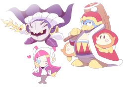 Rule 34 | 1girl, 2boys, beak, blue eyes, blush stickers, cape, dede (qwea 00000), disembodied hand, gloves, hammer, hand on own cheek, hand on own face, heart, holding, holding sword, holding weapon, king dedede, kirby&#039;s dream land, kirby: planet robobot, kirby (series), looking at viewer, mask, meta knight, multiple boys, nintendo, no humans, one eye closed, pauldrons, pink hair, shoulder armor, skirt, susie (kirby), sword, waddle dee, weapon, yellow eyes