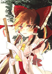 Rule 34 | 1girl, ascot, blush, bow, broom, brown hair, closed mouth, commentary request, detached sleeves, frilled bow, frilled hair tubes, frills, hair bow, hair tubes, hakurei reimu, highres, holding, holding broom, long hair, looking at viewer, red bow, red eyes, solo, touhou, very long hair, yellow ascot, yin yang, yonu (yonurime)