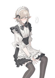 Rule 34 | 1boy, alternate costume, apron, between legs, black bow, black skirt, blush, bow, brown hair, brown thighhighs, center frills, chihuri, closed mouth, collared shirt, crossdressing, ear piercing, enmaided, feet out of frame, final fantasy, final fantasy xiv, frilled apron, frills, green eyes, hair between eyes, hand between legs, highres, maid, maid headdress, male focus, nose blush, piercing, pointy ears, puffy short sleeves, puffy sleeves, shirt, short sleeves, simple background, skirt, solo, thighhighs, waist apron, white apron, white background, white shirt, zephirin de valhourdin