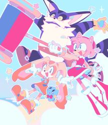 Rule 34 | 1boy, 2girls, ^ ^, amy rose, animal ears, animal nose, arm up, arms up, back bow, big the cat, black eyes, black footwear, bloomers, blue background, blue eyes, blue fur, blue outline, blue ribbon, blue sky, blush, blush stickers, body fur, boots, bow, cat boy, cat ears, cat tail, chao (sonic), child, closed eyes, collared dress, colored sclera, cream the rabbit, day, dress, flat chest, full body, furry, furry female, furry male, gloves, hairband, hammer, happy, highres, holding, holding hammer, horizon, huge weapon, knee boots, looking at another, looking at viewer, looking up, multiple girls, neck ribbon, one eye closed, open mouth, orange dress, orange footwear, orange fur, outdoors, outline, outstretched arm, outstretched arms, pastel colors, toy hammer, pink fur, pink hair, purple fur, rabbit ears, rabbit girl, red dress, red footwear, red hairband, ribbon, running, sash, short dress, short hair, sidelocks, sky, sleeveless, sleeveless dress, smile, socks, sonic (series), sparkle, spread arms, star (symbol), tail, two-tone fur, underwear, weapon, white bloomers, white fur, white gloves, white legwear, white outline, wink, yellow fur, yellow gloves, yellow sclera, zeno (starrysharks)