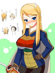Rule 34 | 1boy, 1girl, agrias oaks, ahoge, annoyed, blonde hair, blue eyes, blush, braid, breasts, cadd kiriyama, cape, chibi, chibi inset, cosplay, costume switch, covered erect nipples, final fantasy, final fantasy tactics, frown, hand on own hip, hip focus, huge breasts, impossible clothes, impossible shirt, long hair, ramza beoulve, shirt, short hair, sweatdrop, sword, translated, uniform, weapon